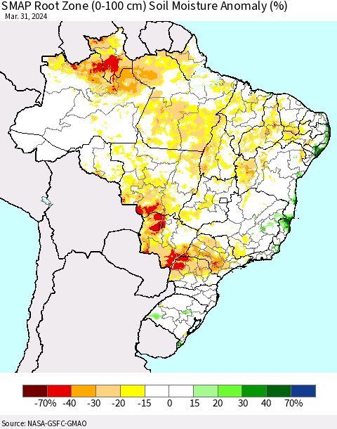 Brazil SMAP Root Zone (0-100 cm) Soil Moisture Anomaly (%) Thematic Map For 3/26/2024 - 3/31/2024