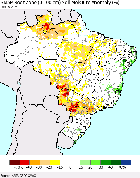 Brazil SMAP Root Zone (0-100 cm) Soil Moisture Anomaly (%) Thematic Map For 4/1/2024 - 4/5/2024