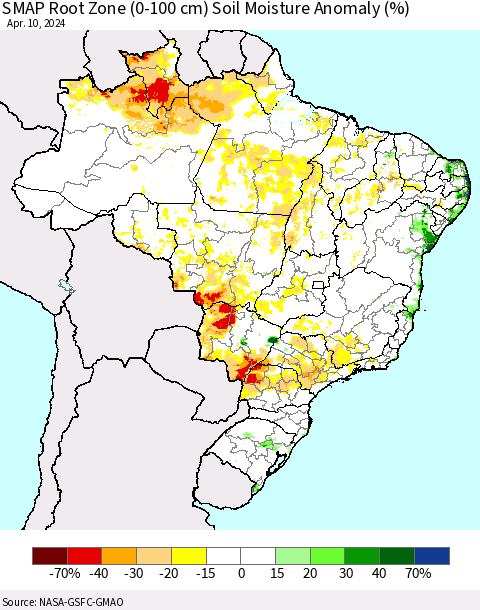 Brazil SMAP Root Zone (0-100 cm) Soil Moisture Anomaly (%) Thematic Map For 4/6/2024 - 4/10/2024