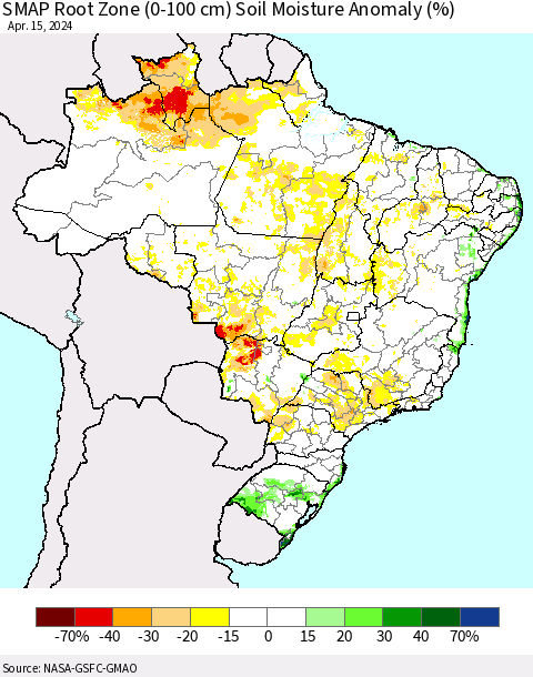 Brazil SMAP Root Zone (0-100 cm) Soil Moisture Anomaly (%) Thematic Map For 4/11/2024 - 4/15/2024