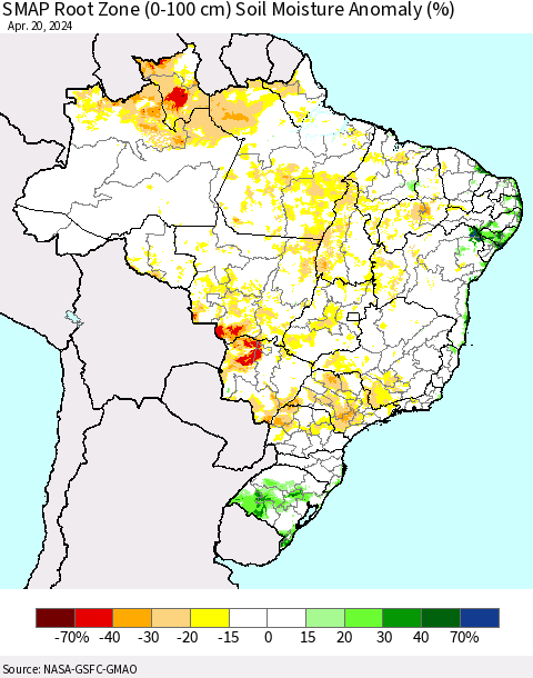 Brazil SMAP Root Zone (0-100 cm) Soil Moisture Anomaly (%) Thematic Map For 4/16/2024 - 4/20/2024