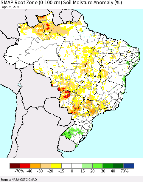 Brazil SMAP Root Zone (0-100 cm) Soil Moisture Anomaly (%) Thematic Map For 4/21/2024 - 4/25/2024