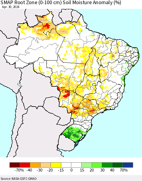 Brazil SMAP Root Zone (0-100 cm) Soil Moisture Anomaly (%) Thematic Map For 4/26/2024 - 4/30/2024