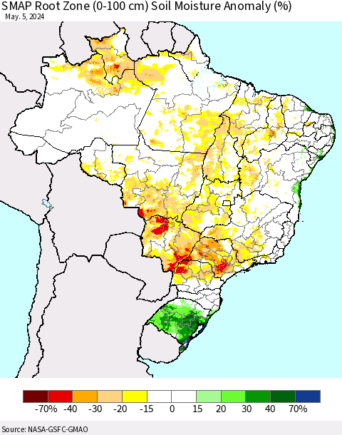 Brazil SMAP Root Zone (0-100 cm) Soil Moisture Anomaly (%) Thematic Map For 5/1/2024 - 5/5/2024
