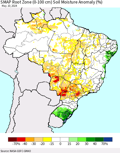 Brazil SMAP Root Zone (0-100 cm) Soil Moisture Anomaly (%) Thematic Map For 5/6/2024 - 5/10/2024