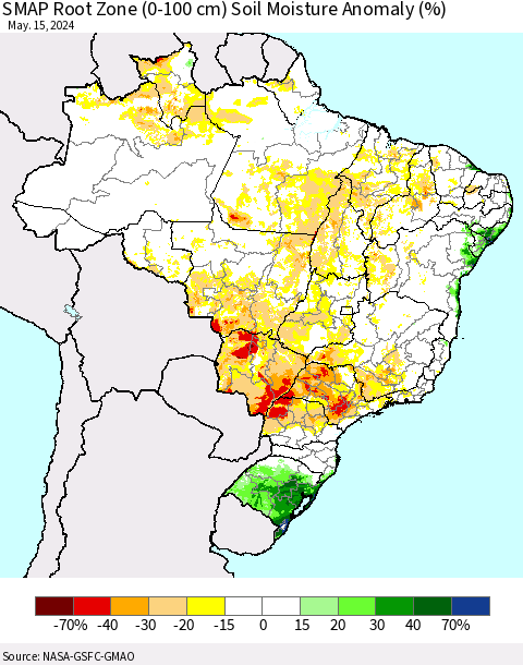 Brazil SMAP Root Zone (0-100 cm) Soil Moisture Anomaly (%) Thematic Map For 5/11/2024 - 5/15/2024