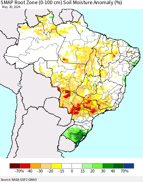 Brazil SMAP Root Zone (0-100 cm) Soil Moisture Anomaly (%) Thematic Map For 5/16/2024 - 5/20/2024