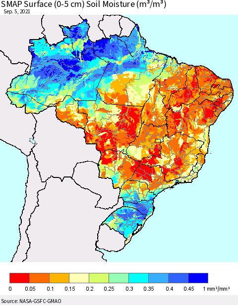 Brazil SMAP Surface (0-5 cm) Soil Moisture (m³/m³) Thematic Map For 9/1/2021 - 9/5/2021