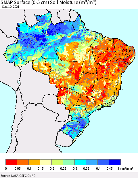 Brazil SMAP Surface (0-5 cm) Soil Moisture (m³/m³) Thematic Map For 9/6/2021 - 9/10/2021