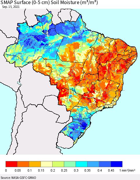 Brazil SMAP Surface (0-5 cm) Soil Moisture (m³/m³) Thematic Map For 9/11/2021 - 9/15/2021