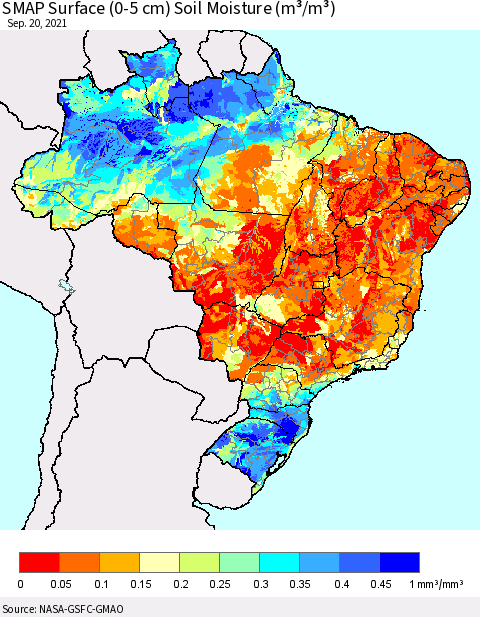 Brazil SMAP Surface (0-5 cm) Soil Moisture (m³/m³) Thematic Map For 9/16/2021 - 9/20/2021