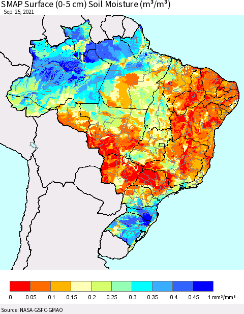 Brazil SMAP Surface (0-5 cm) Soil Moisture (m³/m³) Thematic Map For 9/21/2021 - 9/25/2021