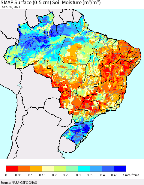 Brazil SMAP Surface (0-5 cm) Soil Moisture (m³/m³) Thematic Map For 9/26/2021 - 9/30/2021