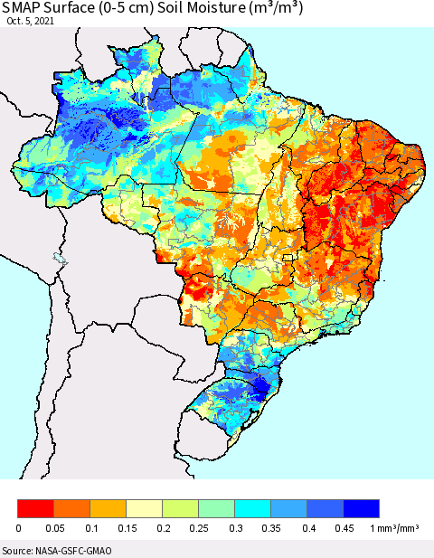 Brazil SMAP Surface (0-5 cm) Soil Moisture (m³/m³) Thematic Map For 10/1/2021 - 10/5/2021