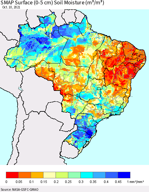 Brazil SMAP Surface (0-5 cm) Soil Moisture (m³/m³) Thematic Map For 10/6/2021 - 10/10/2021