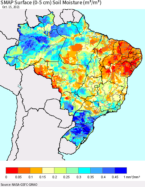 Brazil SMAP Surface (0-5 cm) Soil Moisture (m³/m³) Thematic Map For 10/11/2021 - 10/15/2021