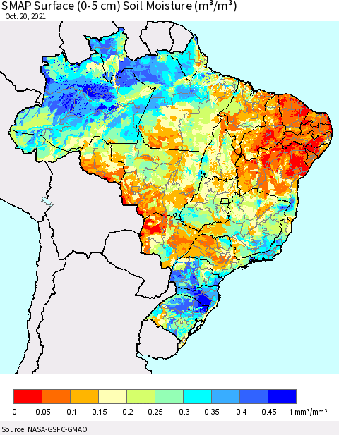 Brazil SMAP Surface (0-5 cm) Soil Moisture (m³/m³) Thematic Map For 10/16/2021 - 10/20/2021