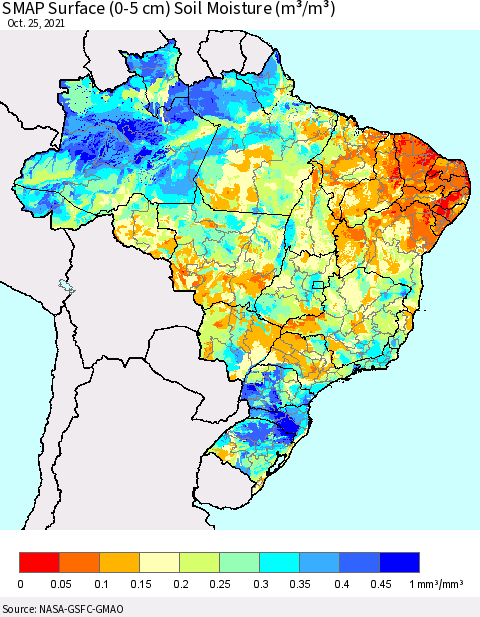 Brazil SMAP Surface (0-5 cm) Soil Moisture (m³/m³) Thematic Map For 10/21/2021 - 10/25/2021