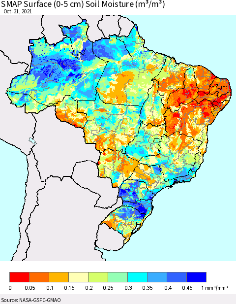 Brazil SMAP Surface (0-5 cm) Soil Moisture (m³/m³) Thematic Map For 10/26/2021 - 10/31/2021