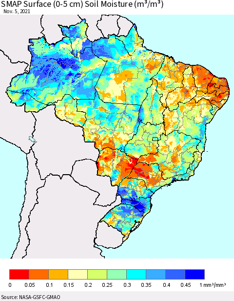 Brazil SMAP Surface (0-5 cm) Soil Moisture (m³/m³) Thematic Map For 11/1/2021 - 11/5/2021