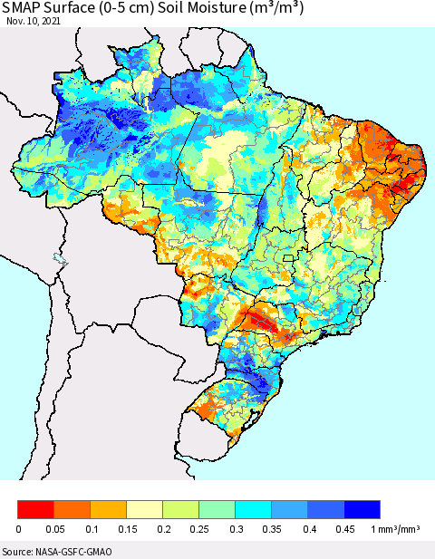 Brazil SMAP Surface (0-5 cm) Soil Moisture (m³/m³) Thematic Map For 11/6/2021 - 11/10/2021