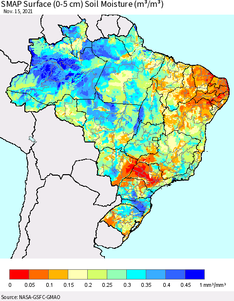 Brazil SMAP Surface (0-5 cm) Soil Moisture (m³/m³) Thematic Map For 11/11/2021 - 11/15/2021