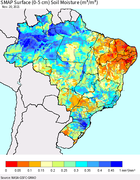Brazil SMAP Surface (0-5 cm) Soil Moisture (m³/m³) Thematic Map For 11/16/2021 - 11/20/2021