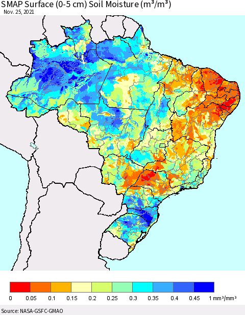 Brazil SMAP Surface (0-5 cm) Soil Moisture (m³/m³) Thematic Map For 11/21/2021 - 11/25/2021