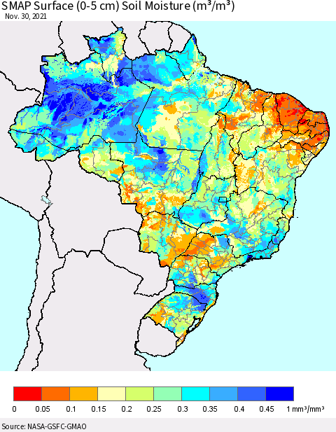 Brazil SMAP Surface (0-5 cm) Soil Moisture (m³/m³) Thematic Map For 11/26/2021 - 11/30/2021
