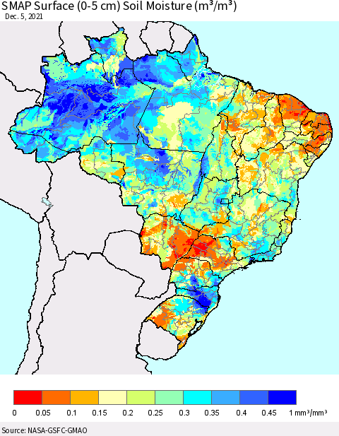 Brazil SMAP Surface (0-5 cm) Soil Moisture (m³/m³) Thematic Map For 12/1/2021 - 12/5/2021