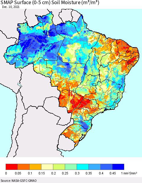Brazil SMAP Surface (0-5 cm) Soil Moisture (m³/m³) Thematic Map For 12/6/2021 - 12/10/2021