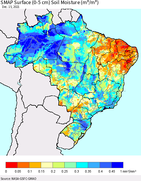 Brazil SMAP Surface (0-5 cm) Soil Moisture (m³/m³) Thematic Map For 12/11/2021 - 12/15/2021