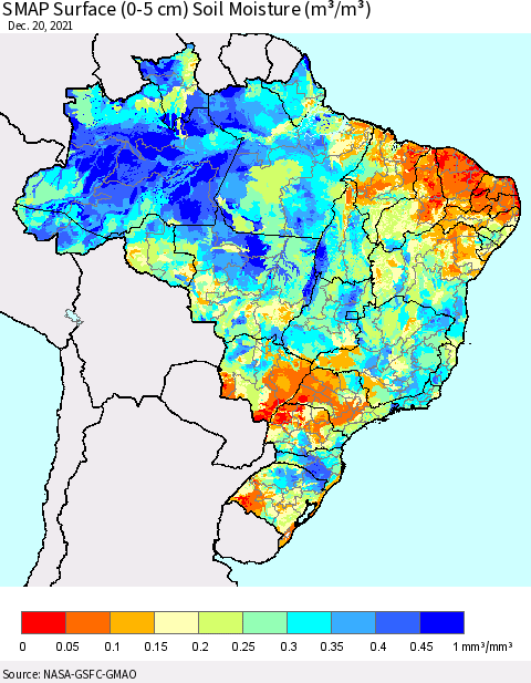 Brazil SMAP Surface (0-5 cm) Soil Moisture (m³/m³) Thematic Map For 12/16/2021 - 12/20/2021