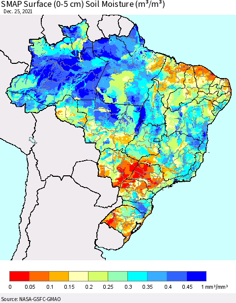 Brazil SMAP Surface (0-5 cm) Soil Moisture (m³/m³) Thematic Map For 12/21/2021 - 12/25/2021