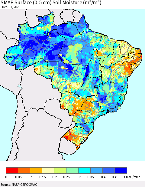 Brazil SMAP Surface (0-5 cm) Soil Moisture (m³/m³) Thematic Map For 12/26/2021 - 12/31/2021