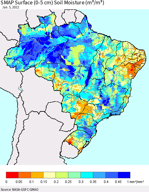 Brazil SMAP Surface (0-5 cm) Soil Moisture (m³/m³) Thematic Map For 1/1/2022 - 1/5/2022