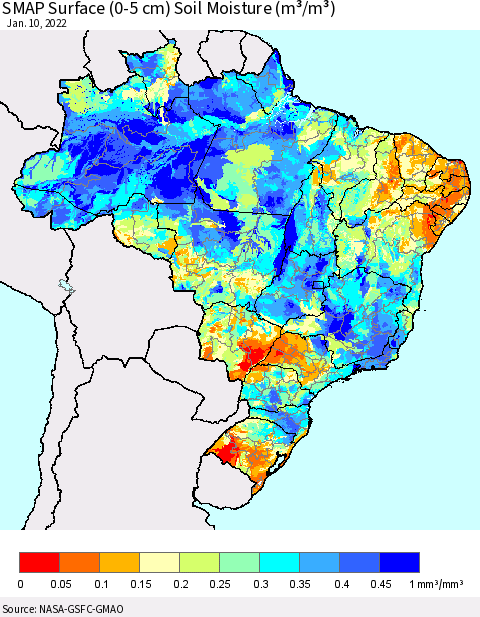 Brazil SMAP Surface (0-5 cm) Soil Moisture (m³/m³) Thematic Map For 1/6/2022 - 1/10/2022