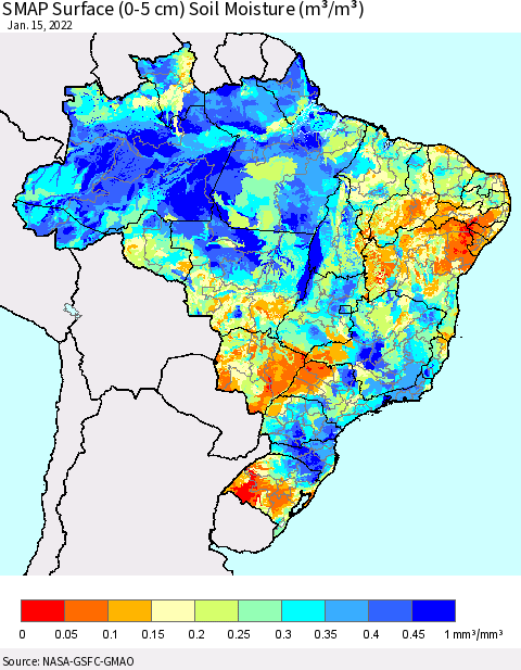 Brazil SMAP Surface (0-5 cm) Soil Moisture (m³/m³) Thematic Map For 1/11/2022 - 1/15/2022