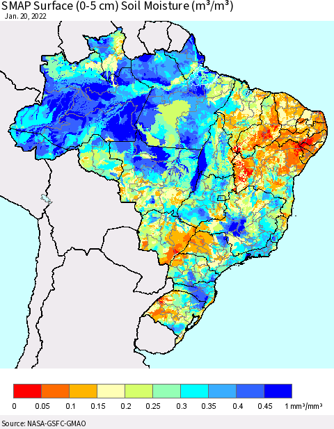 Brazil SMAP Surface (0-5 cm) Soil Moisture (m³/m³) Thematic Map For 1/16/2022 - 1/20/2022