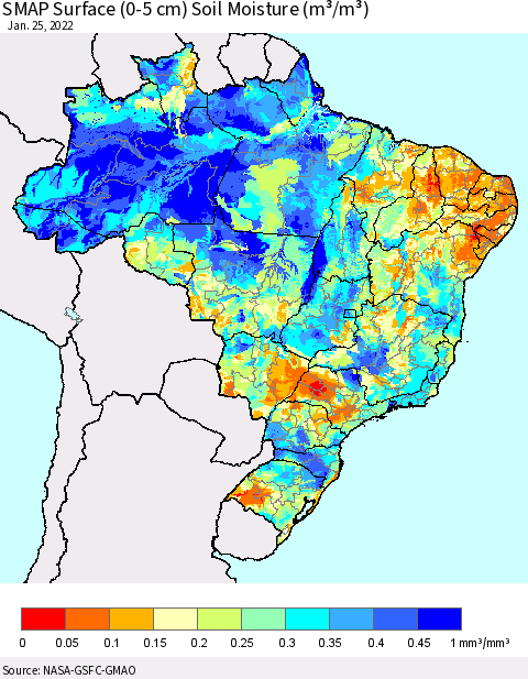 Brazil SMAP Surface (0-5 cm) Soil Moisture (m³/m³) Thematic Map For 1/21/2022 - 1/25/2022