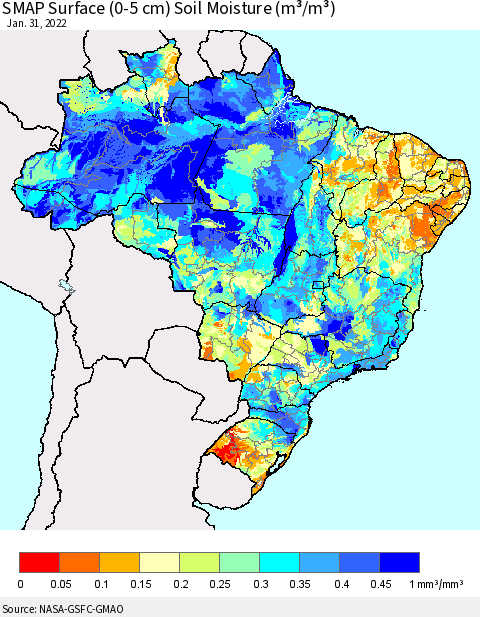 Brazil SMAP Surface (0-5 cm) Soil Moisture (m³/m³) Thematic Map For 1/26/2022 - 1/31/2022