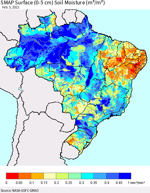 Brazil SMAP Surface (0-5 cm) Soil Moisture (m³/m³) Thematic Map For 2/1/2022 - 2/5/2022