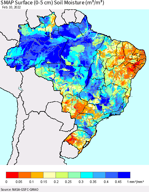 Brazil SMAP Surface (0-5 cm) Soil Moisture (m³/m³) Thematic Map For 2/6/2022 - 2/10/2022