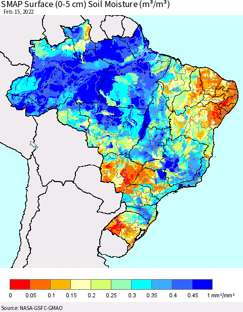 Brazil SMAP Surface (0-5 cm) Soil Moisture (m³/m³) Thematic Map For 2/11/2022 - 2/15/2022