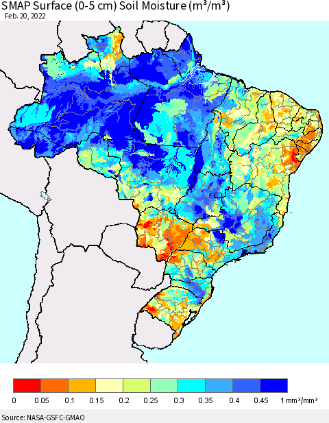 Brazil SMAP Surface (0-5 cm) Soil Moisture (m³/m³) Thematic Map For 2/16/2022 - 2/20/2022