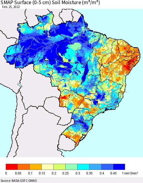 Brazil SMAP Surface (0-5 cm) Soil Moisture (m³/m³) Thematic Map For 2/21/2022 - 2/25/2022