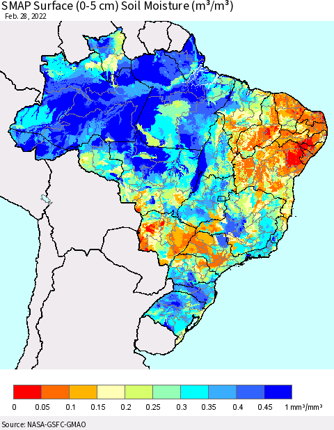 Brazil SMAP Surface (0-5 cm) Soil Moisture (m³/m³) Thematic Map For 2/26/2022 - 2/28/2022