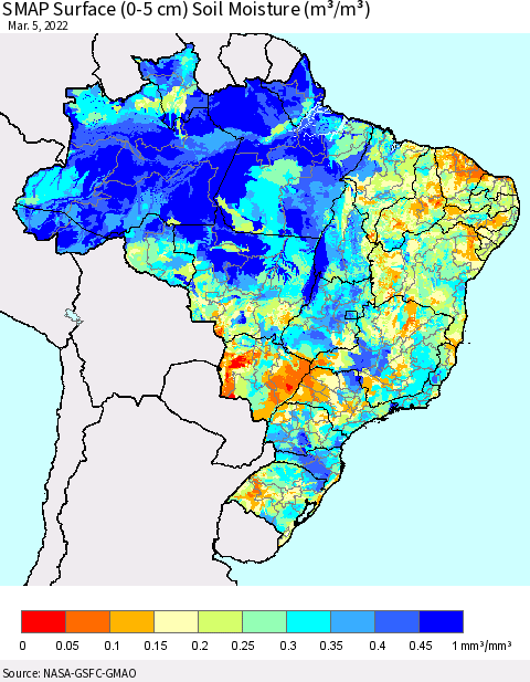 Brazil SMAP Surface (0-5 cm) Soil Moisture (m³/m³) Thematic Map For 3/1/2022 - 3/5/2022