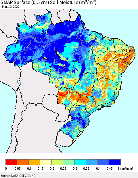 Brazil SMAP Surface (0-5 cm) Soil Moisture (m³/m³) Thematic Map For 3/6/2022 - 3/10/2022