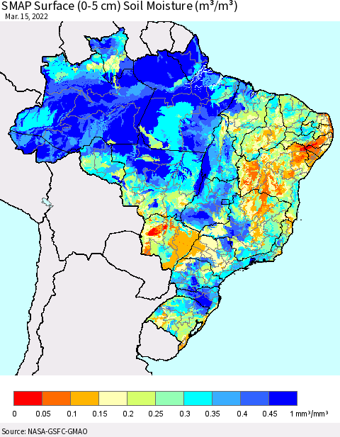 Brazil SMAP Surface (0-5 cm) Soil Moisture (m³/m³) Thematic Map For 3/11/2022 - 3/15/2022